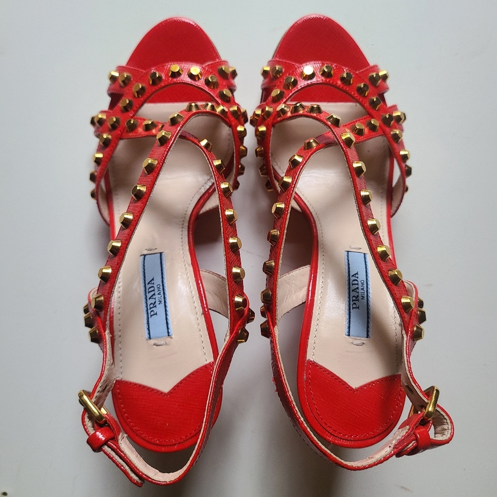 PRADA *EUC* Red Patent Leather Gold Studded Strappy Wedge Sandal 36.5 - Picture 4 of 8
